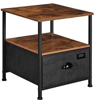 SONGMICS Sängbord med 2 hyllor och 1 låda - Rustik brun MDF och konstmocka/svart metall (41x41)